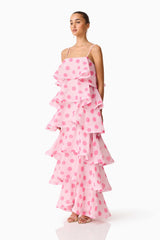 Sola Tiered Maxi Dress in Pink Polkadot