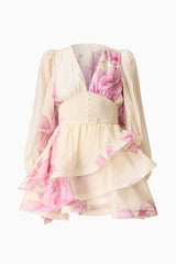 Rova Long Sleeve Mini Dress in Cream & Pink Floral