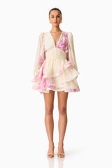 Rova Long Sleeve Mini Dress in Cream & Pink Floral