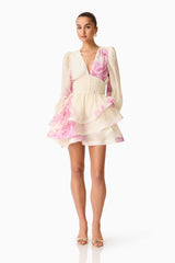 Rova Long Sleeve Mini Dress in Cream & Pink Floral