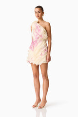 Rova One Shoulder Mini Dress in Cream & Pink Floral