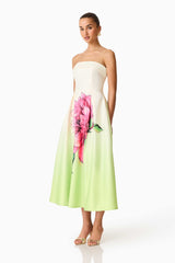 Elisia Strapless Gown in Green & Pink Floral