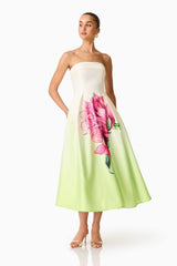 Elisia Strapless Gown in Green & Pink Floral
