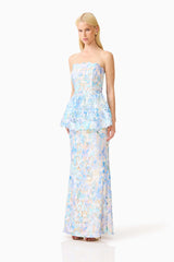 Kalissa Strapless Gown in Blue Floral