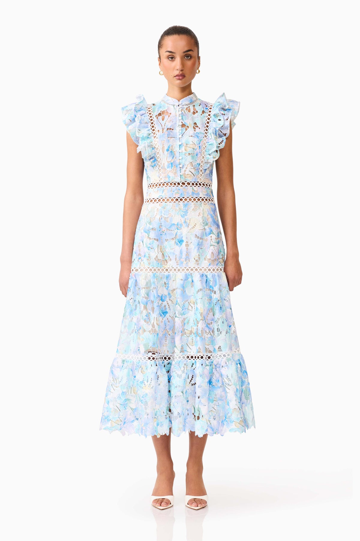 Kalissa Ruffle Maxi Dress in Blue Floral