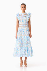 Kalissa Ruffle Maxi Dress in Blue Floral
