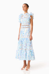 Kalissa Ruffle Maxi Dress in Blue Floral