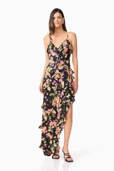 Tess Floral Asymmetrical Maxi Dress in Black