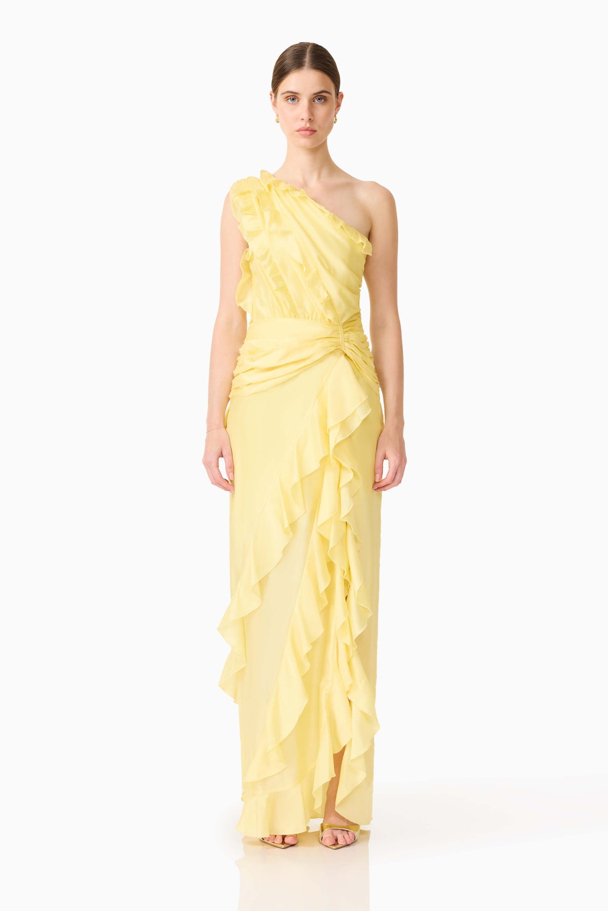 Lucinda One Shoulder Gown in Lemon Yellow