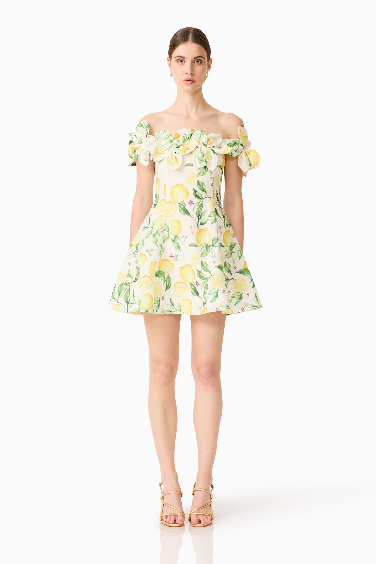 Hana Off Shoulder Mini Dress in Lemon Print