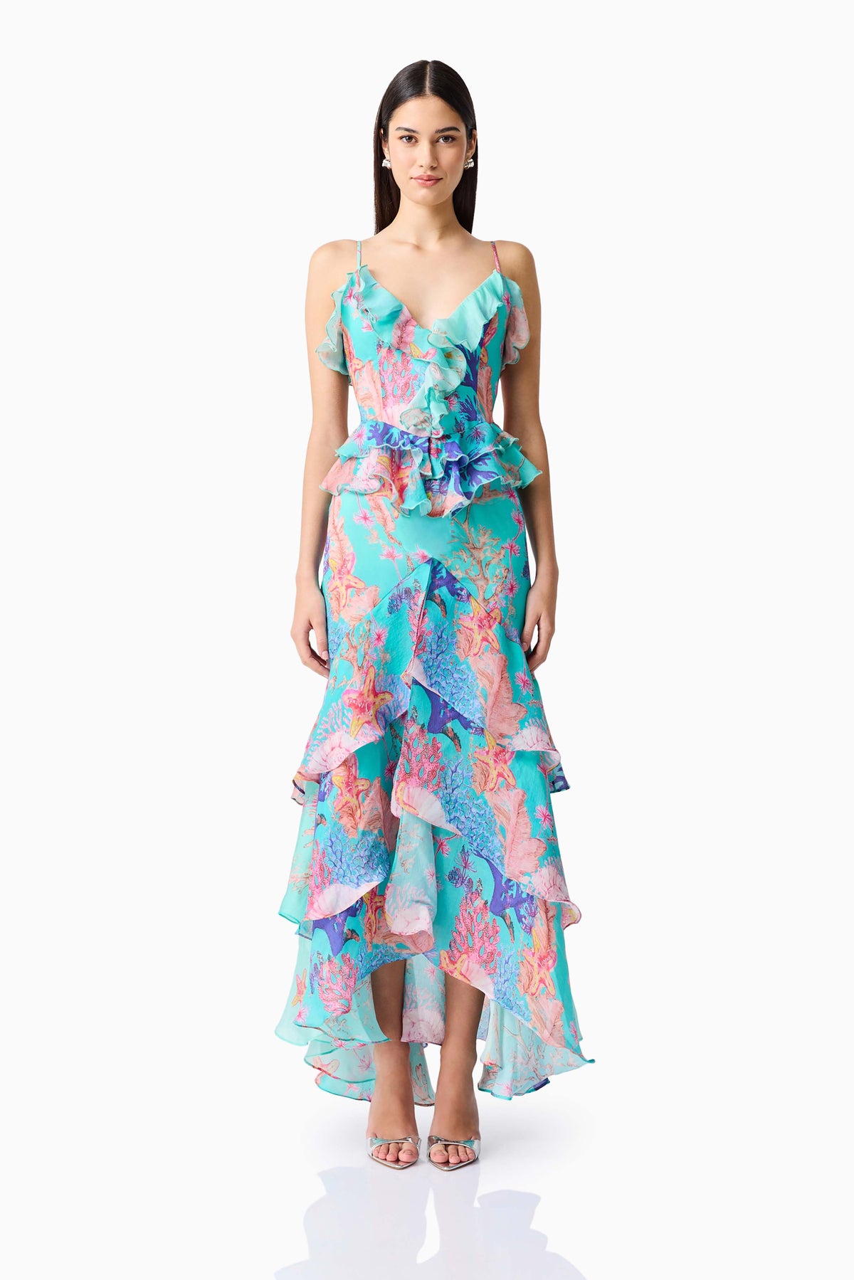 Coral Tiered Gown in Blue Multi