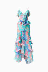 Coral Tiered Gown in Blue Multi