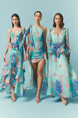 Coral Long Sleeve Maxi Dress in Blue Multi