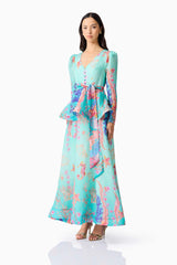 Coral Long Sleeve Maxi Dress in Blue Multi
