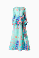 Coral Long Sleeve Maxi Dress in Blue Multi