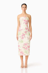 Greta Embroidered Midi Dress in Cream & Pink Floral