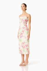 Greta Embroidered Midi Dress in Cream & Pink Floral
