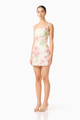 Greta Embroidered Mini Dress in Cream & Pink Floral