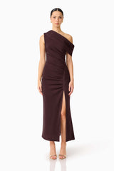 Simone One Shoulder Maxi Dress in Chocolate Brown