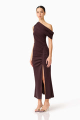 Simone One Shoulder Maxi Dress in Chocolate Brown