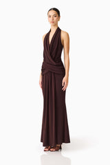 Simone Cowl Neck Gown in Chocolate Brown