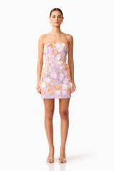 Arabella Strapless Floral Mini Dress in Orange & Purple