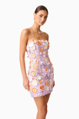Arabella Strapless Floral Mini Dress in Orange & Purple