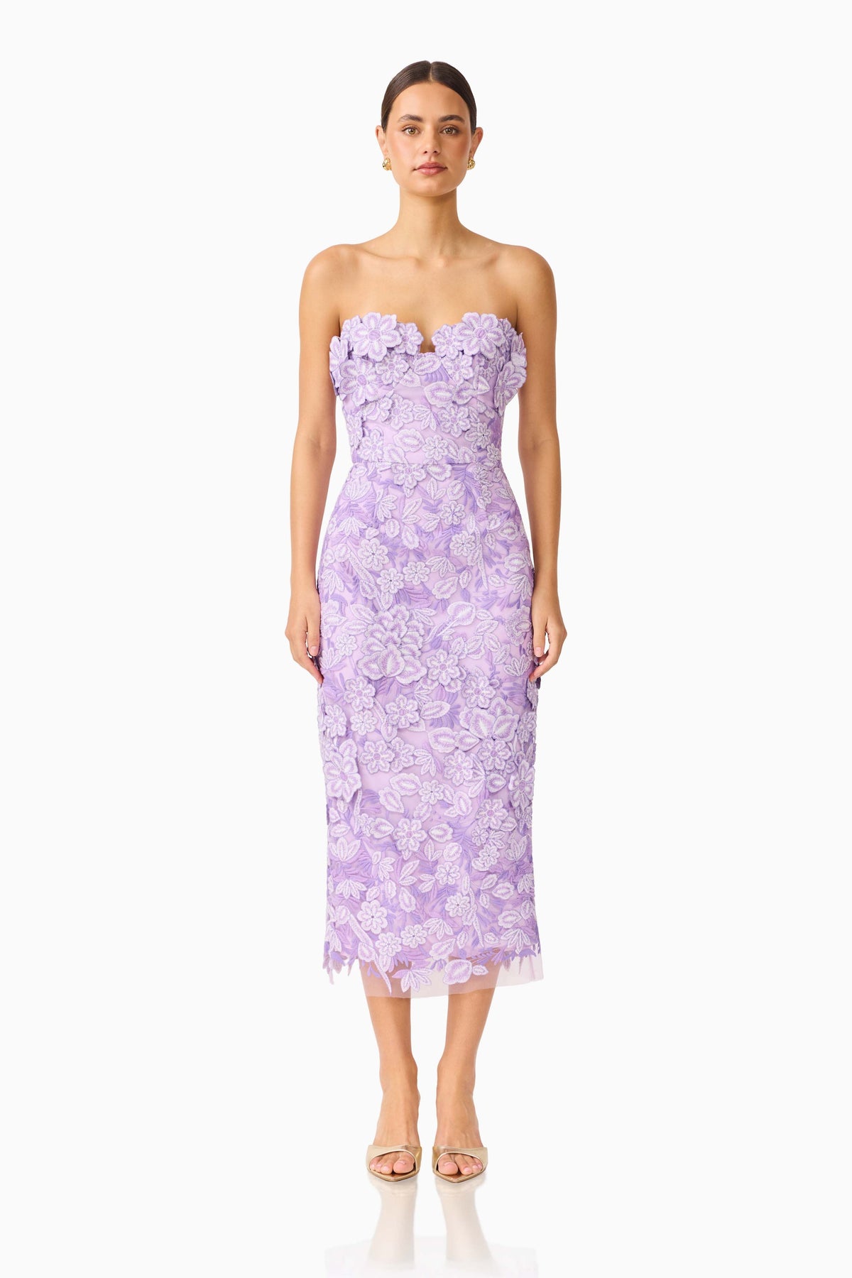 Roseate Strapless Midi Dress in Purple