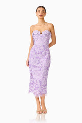 Roseate Strapless Midi Dress in Purple
