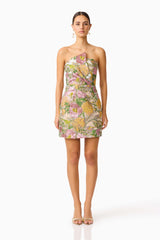 Patricia Strapless Mini Dress in Gold & Purple Floral