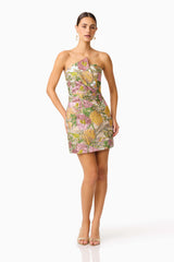 Patricia Strapless Mini Dress in Gold & Purple Floral
