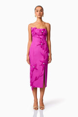 Bethany Strapless Floral Midi Dress In Purple