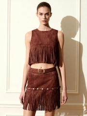 Faux Suede Fringe Halter - Burgundy