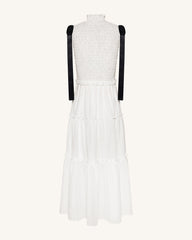 High-Neck Sleeveless Smocked Three-Tier Maxi Dress - White