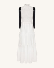 High-Neck Sleeveless Smocked Three-Tier Maxi Dress - White