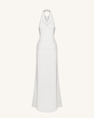 Satin Cowl Neck Ruched Maxi Gown - White