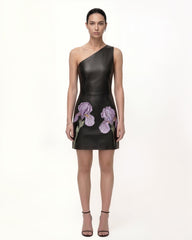 Iris Floral-Print One-Shoulder Leather Mini Dress - Black
