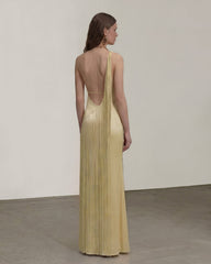Fringe One Shoulder Maxi Dress - Champagne