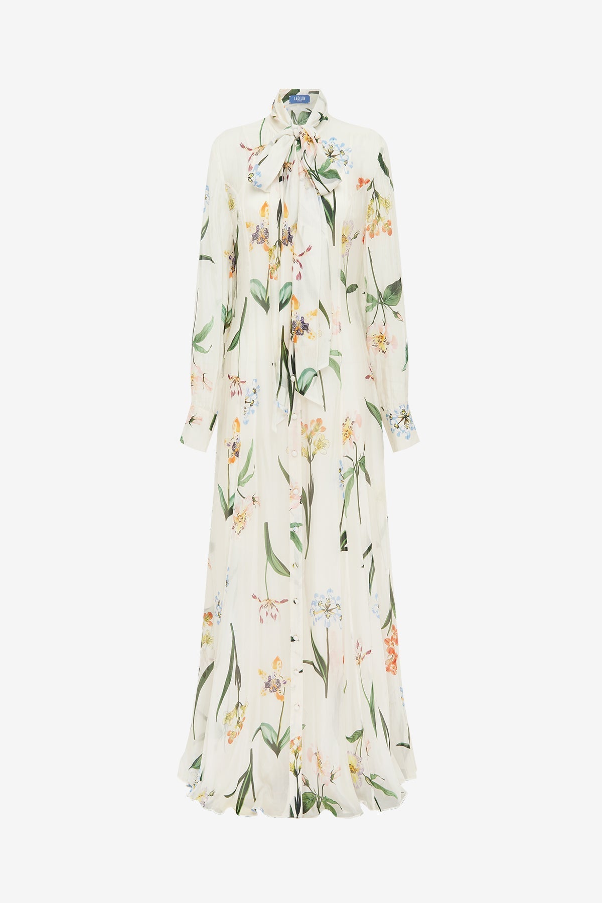 Lilith Tie Neck Maxi Dress - Botanical Print in Snow