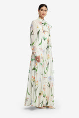 Lilith Tie Neck Maxi Dress - Botanical Print in Snow