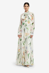 Lilith Tie Neck Maxi Dress - Botanical Print in Snow
