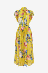 Grace Flutter Sleeve Midi Dress - Garden Print in Mustard