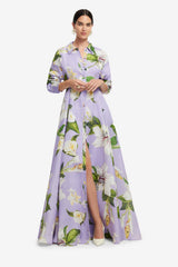 Josephine Silk Gown - Lily Blossom Print in Lilac