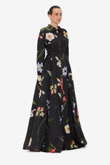 Josephine Silk Gown - Botanical Print in Ebony