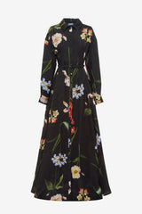 Josephine Silk Gown - Botanical Print in Ebony