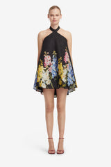 Eloise Halterneck Mini Dress - Snapdragon Print in Ebony