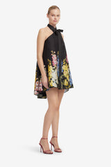 Eloise Halterneck Mini Dress - Snapdragon Print in Ebony
