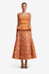 June Pleated Maxi Skirt - Lily Print in Ochre