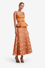 June Pleated Maxi Skirt - Lily Print in Ochre