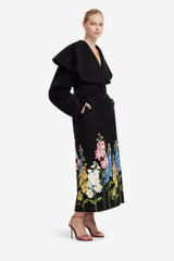 Joan Embroidered Wool Coat - Snapdragon Print in Ebony